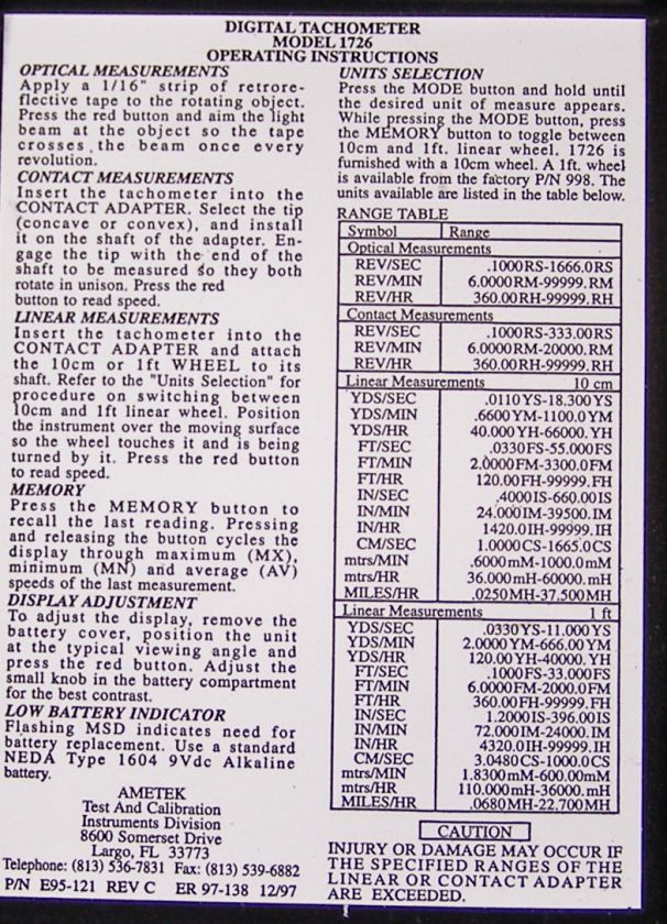 Ametek model 1726 Digital Contact/Non Contact Tachometer  