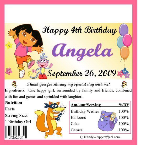 Dora Candy Wrappers/Birthday Party Favors  