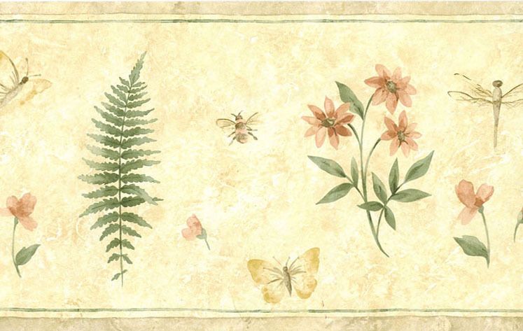   Dragonfly Bees Flower Floral Leaf Faux Yellow Cream Wall paper Border