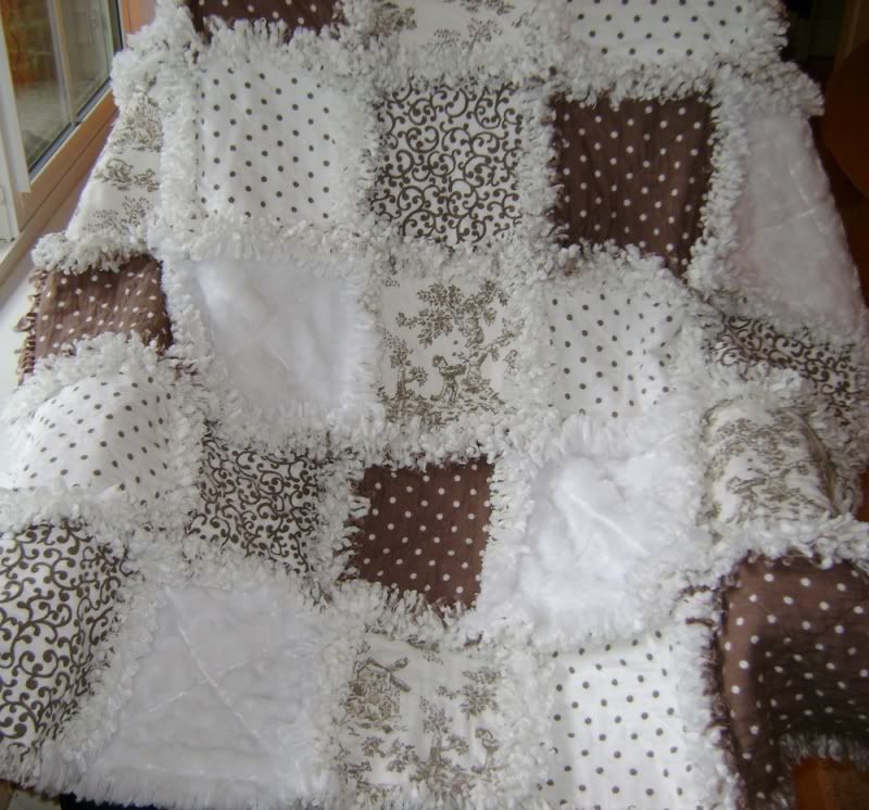 Gender Neutral baby Rag quilt ~ Paisley toile dots and brown  