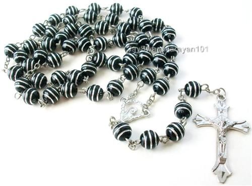 Mans Rosary Necklace Black Silver Stripe Beads Jesus Cross 30  