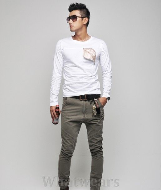 Mens Zip Pocket Slim Long Sleeve T shirt Tops White W18  